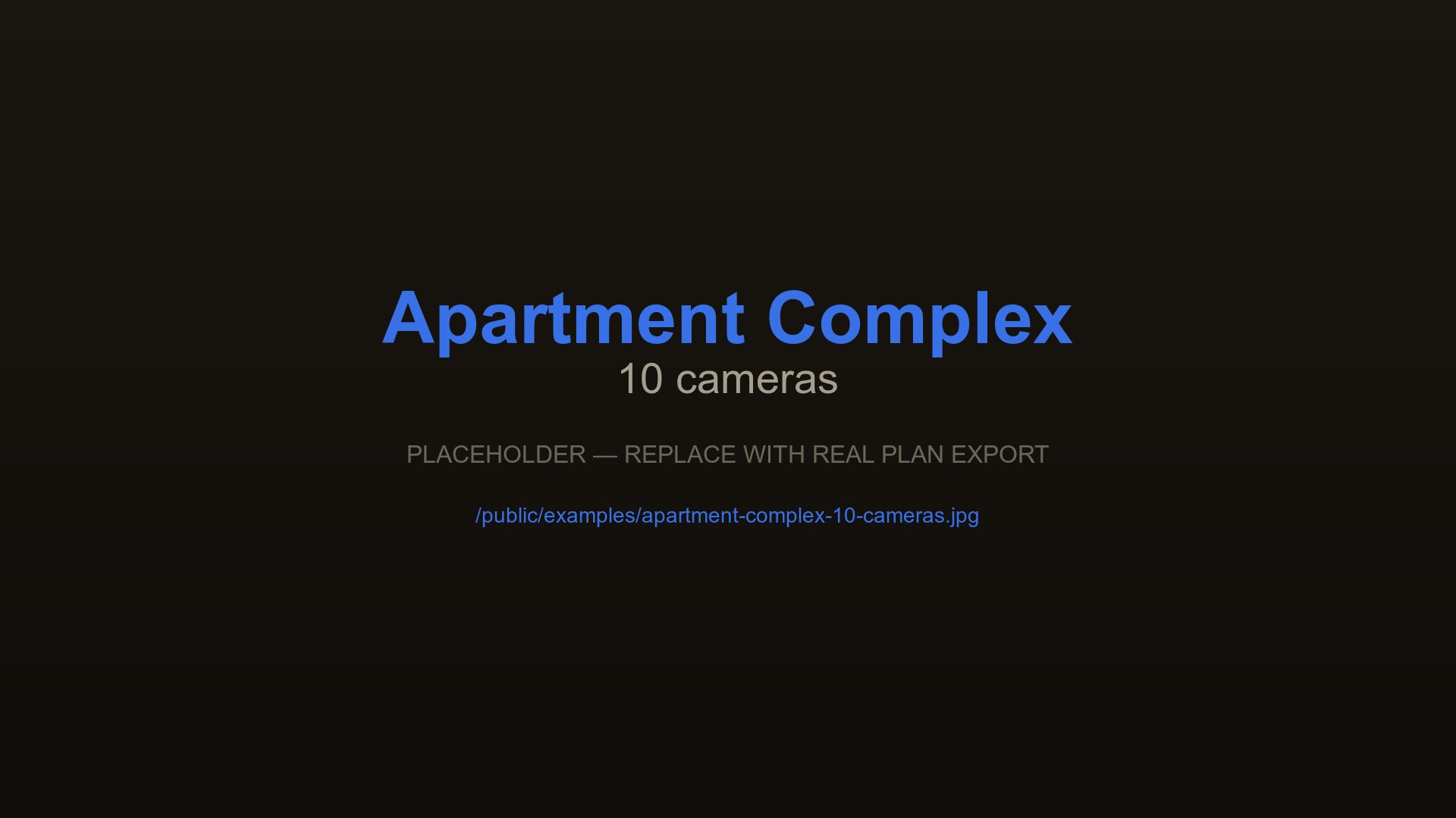 Residential apartment complex CCTV layout with 10 cameras at entrances, stairwells, post boxes, and bin store, designed with CCTVplanner
