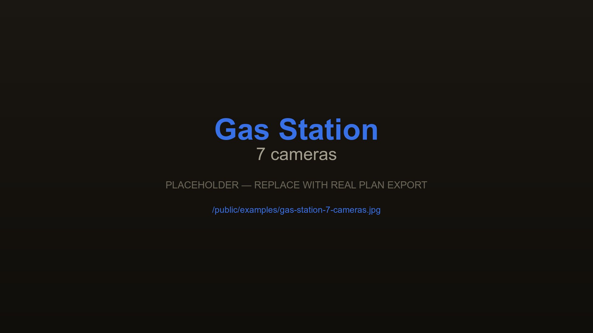Gas station CCTV layout with 7 cameras at forecourt pumps, shop interior, and car wash, designed with CCTVplanner