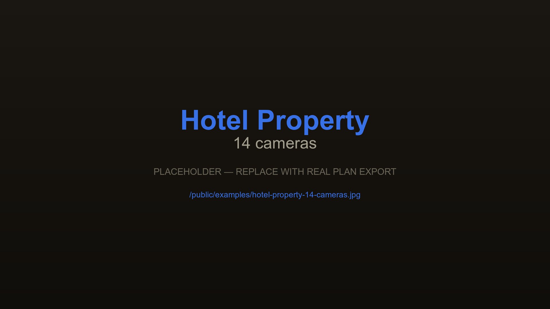 Hotel property CCTV layout with 14 cameras at reception, corridors, car park, and back-of-house, designed with CCTVplanner