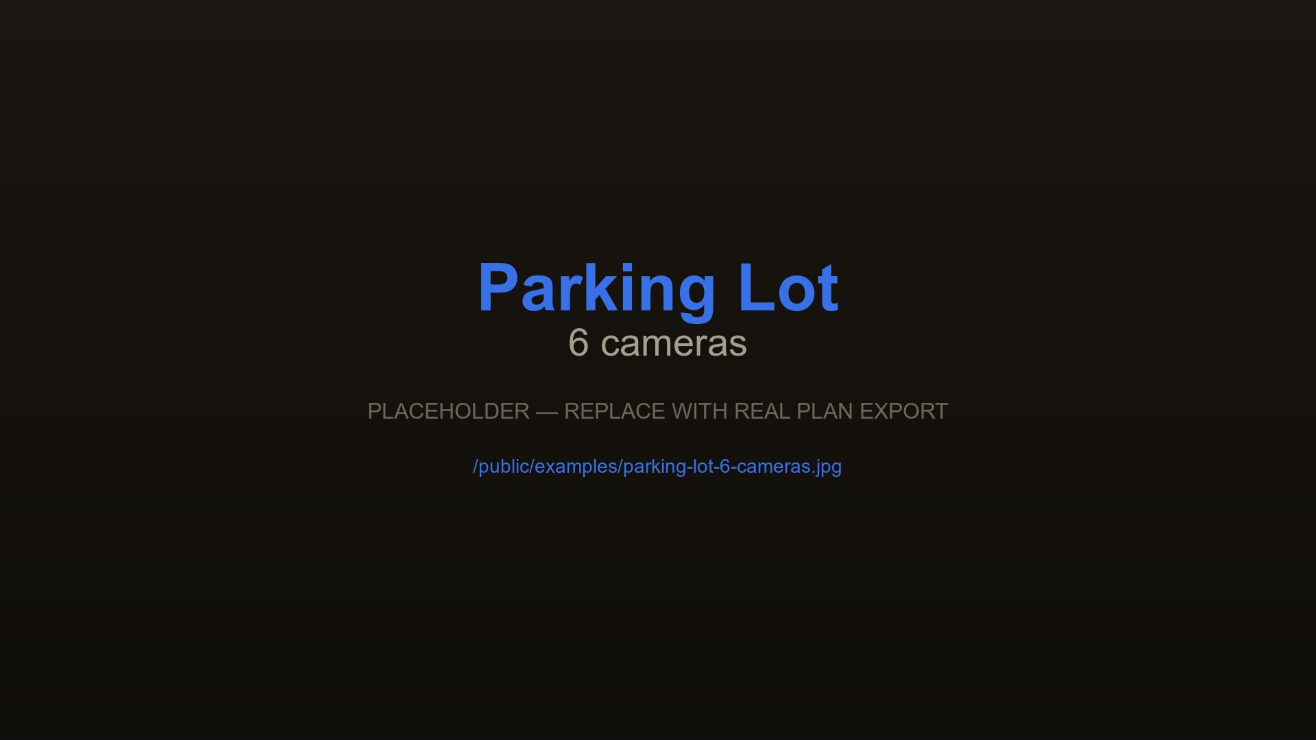 Outdoor parking lot CCTV plan with 6 cameras covering entry barrier, driving lanes, and bay rows, designed with CCTVplanner