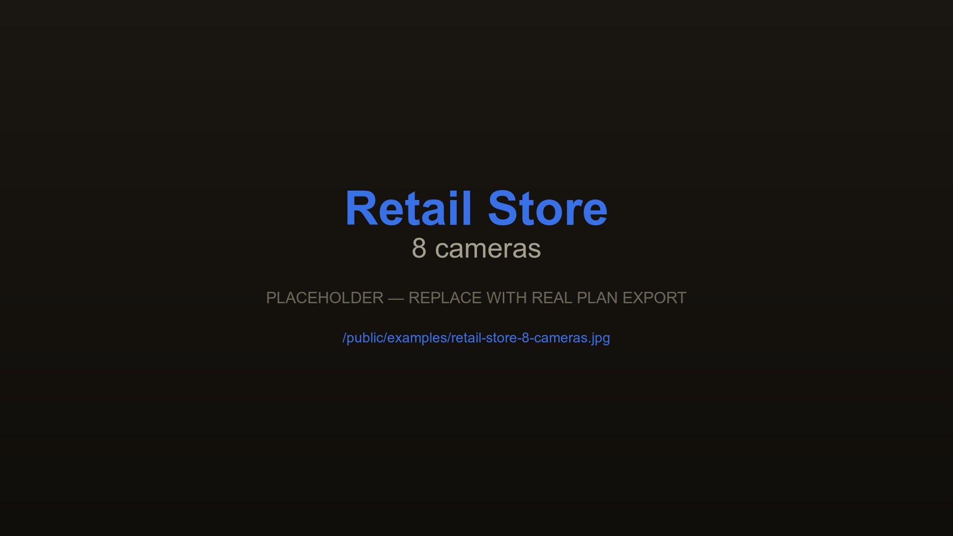 CCTV layout for a retail store with 8 cameras at checkouts, entrances, and stockroom, designed with CCTVplanner