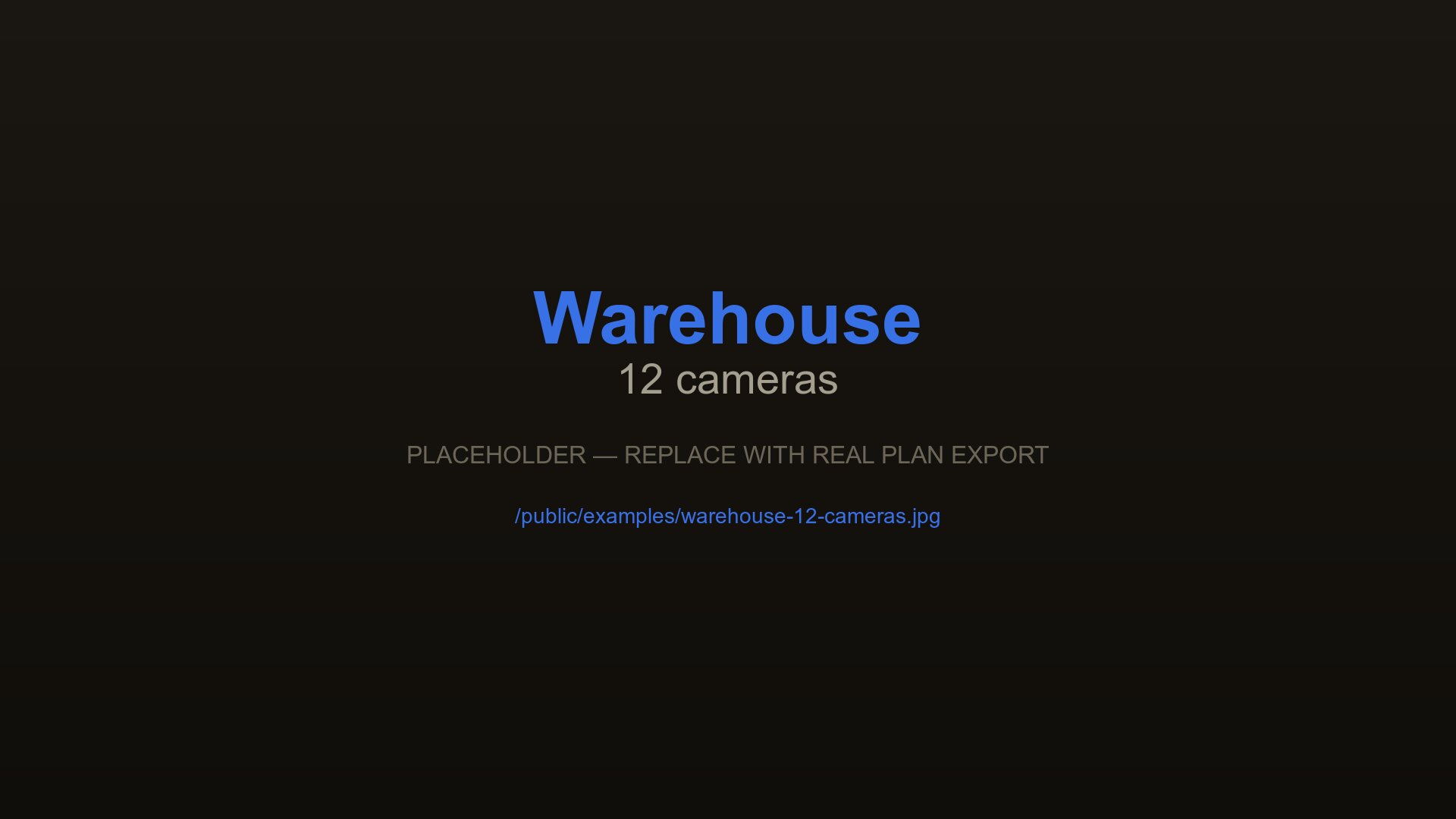 Floor plan of a warehouse with 12 CCTV cameras placed at loading docks, aisles, and perimeter exits, designed with CCTVplanner