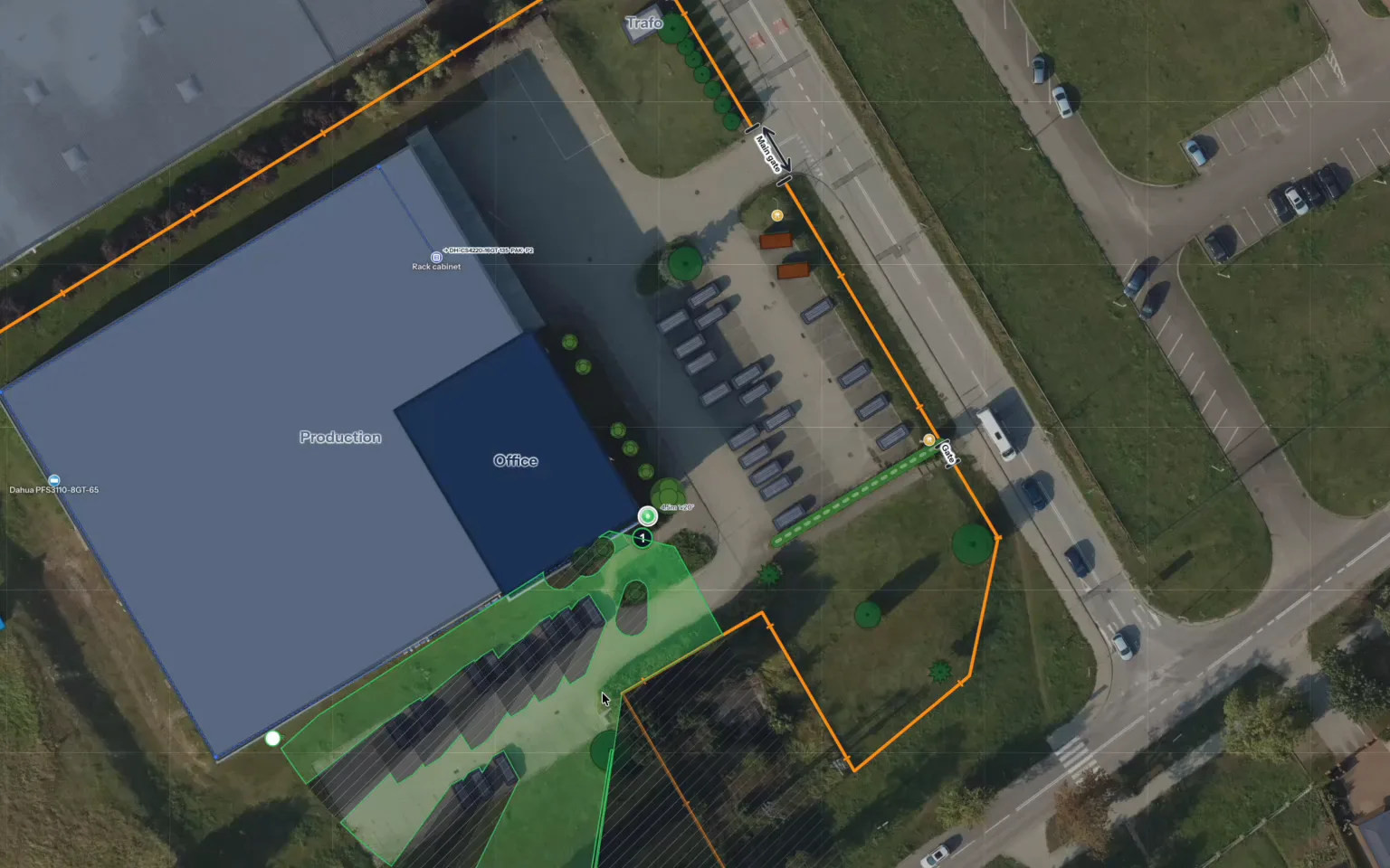 CCTV site plan open on a tablet: cameras on a satellite view with field-of-view cones